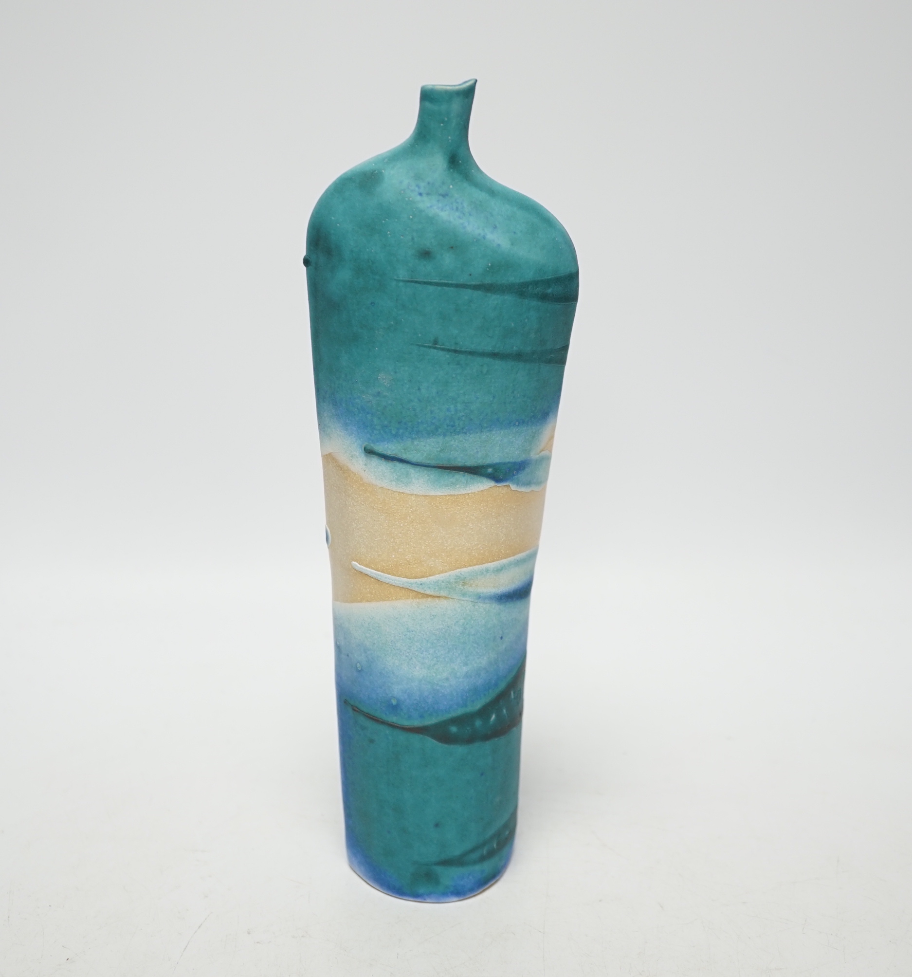 Studio Pottery - a tall narrow neck vase by Kirsti Hannah Brown 'seascape bottle', H27 impressed mark to base, 27cm